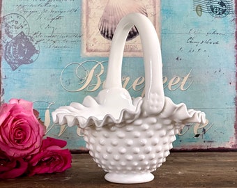 Vintage Fenton Milk Glass Hobnail Basket / Milk Glass Handled Basket / Fenton Hobnail / Perfectly Sized for a Flower Girl / GIFT IDEA!