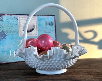 Fenton Milk Glass Basket / Vintage Large Handled Basket / Fenton Hobnail Bowl / Milk Glass Centerpiece / Milk Glass Wedding