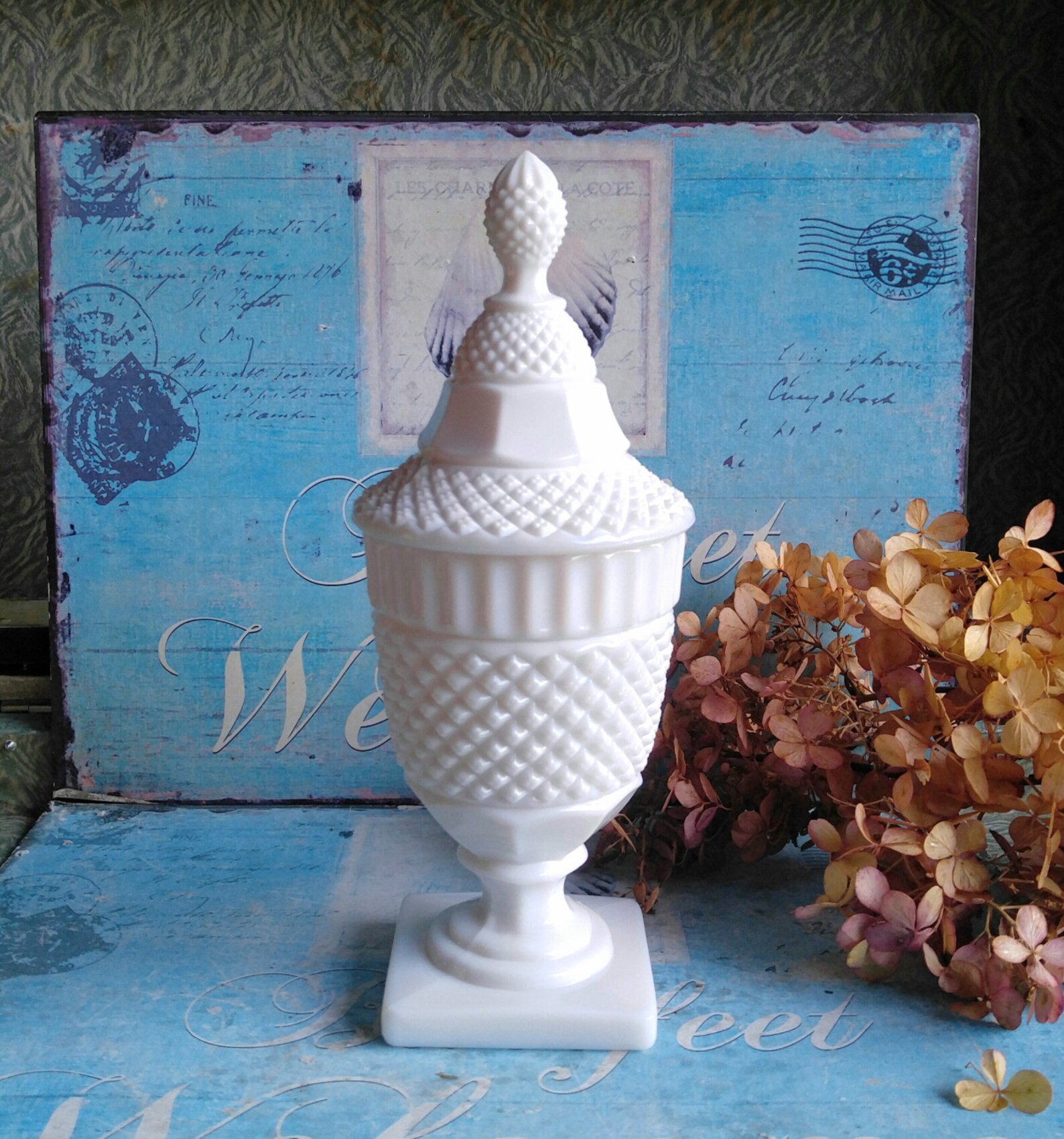 Milk Glass Covered Urn by Westmoreland / English Hobnail Etsy