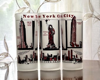 Verres vintage NYC Highball : articles de bar dépoli Skyline par Federal Glass