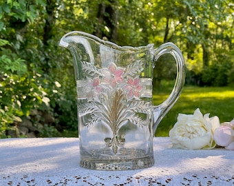 Pichet à eau EAPG antique : vaporisateur narcisse en verre de l'Indiana, motif floral peint à la main