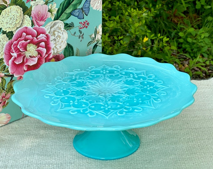 Fenton Blue Milk Glass Cake Stand / Vintage Turquoise Spanish Lace Cake