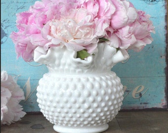 Large Round Hobnail Vase by Fenton / Vintage Fenton Milk Glass Vase / Farmhouse Milk Glass / Shabby Chic Hobnail Milk Glass