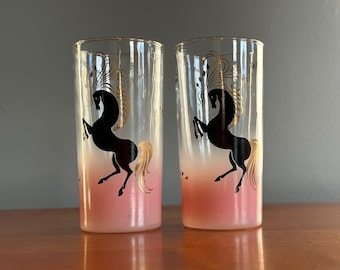 Articles de bar highball Libbey Black Horse cabré / Deux rares verres à cheval Art déco Mid-Century / Accessoires de bar roses givrés pour chevaux / IDÉE CADEAU !