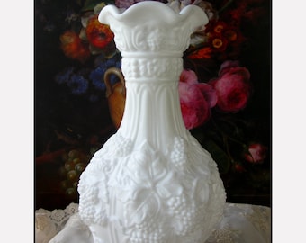 Loganberry Milk Glass Vase by Imperial Glass, OHIO / Vintage 10" Heavy and Ornate Milk Glass Vase / Discontinued Pattern