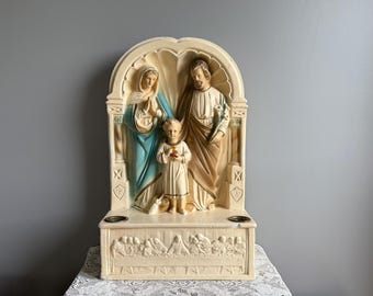 Autel en craie de la Sainte Famille vintage par Penna Statuary : Dévotion religieuse peinte à la main