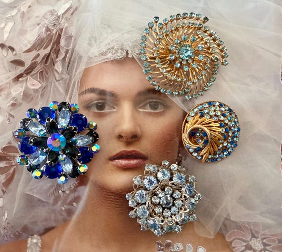 Mid Century Rhinestone Brooches: Something Blue
