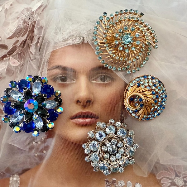Mid Century Rhinestone Brooches: Something Blue