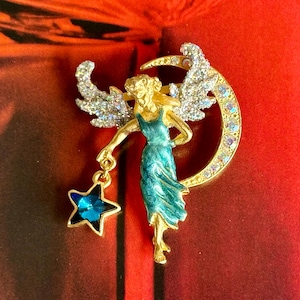 Kirks Folly Angel Fairy Brooch/ Crescent Moon and Blue Star / Signed Kirks Folly / GIFT IT!