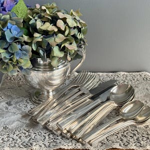 May include: A silver-plated sugar bowl with two handles containing a bouquet of blue and green hydrangea flowers, accompanied by a set of silver-plated flatware including forks, knives, and spoons with a decorative handle pattern.