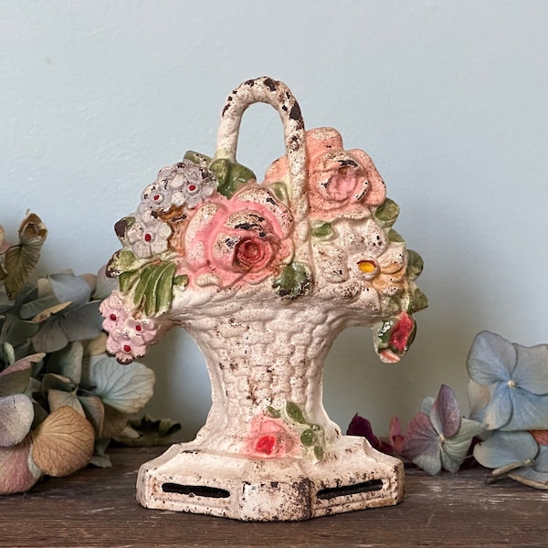 MOTHER'S DAY GIFT! Rare Small Antique Hubley Doorstop #8 / Flower Basket Hubley Doorstop / 1940s Home Sweet Home / 5.75" Tall by 4.5" Wide