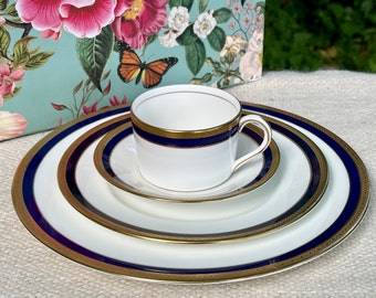 Trio de tasses à thé vintage Royal Albert Bone, bleu cobalt et or, remplacement fin anglais