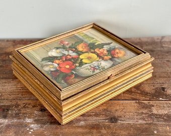 boîte à bijoux vintage Carle J. Blenner en bois fleuri / Lithographie florale Carle J. Blenner / grande boîte de rangement en bois doré / années 40