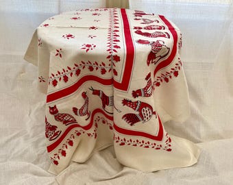 Nappe en lin vintage : art folklorique Mid-Century rouge crème, animaux, fleurs - 120 x 80 po