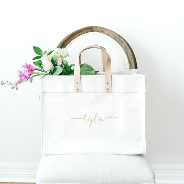 Bridesmaid Gift, Personalized Gift, Monogram Bag, Canvas Tote Bag, Bridesmaid Gift Bag, Wedding Bag, Box Tote With Leather Straps