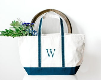 Hand-Painted Monogram Canvas Tote Bag | Navy Trim Bridesmaid Gift