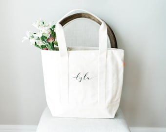 Bridesmaid Bag, Beach Bag, Monogram Bag, Canvas Tote Bag, Bridesmaid Gift Bag, Wedding Bag, Large Essential Tote With Leather