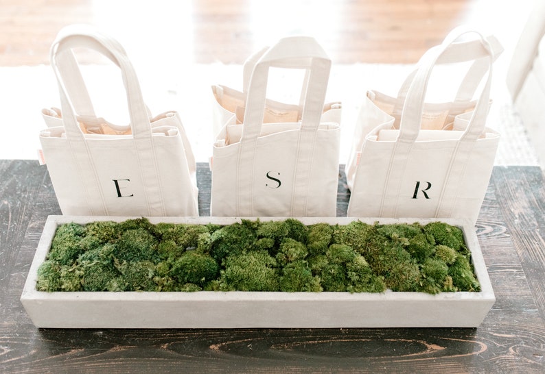Three natural canvas tote bags with black hand painted letters 'L', 'S', and 'R' on a wooden table with a rectangular white planter filled with green moss.