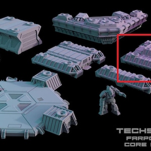Könnte beinhalten: Eine Sammlung hellblauer 3D-gedruckter Sci-Fi-Geländeteile, darunter modulare Strukturen und eine Figur. Das hervorgehobene Teil ist eine rechteckige Struktur mit detaillierten Paneelen und einem erhöhten Mittelteil. Der Text unten lautet "TECHSCAPE 6MM FARPOINT COLONY CORE STRUCTURES."