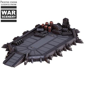 May include: A detailed, dark gray miniature war scenery platform with a textured surface, featuring a ramp, various containers, and the text "WAR SCENERY". The platform has a complex, industrial design, suitable for tabletop gaming.