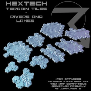 Könnte beinhalten: Eine Sammlung hellblauer Hextech-Geländefliesen für Flüsse und Seen. Die Fliesen sind für Tabletop-Spiele konzipiert und mit Hex-Karten kompatibel. Das Bild enthält den Text "HEXTECH TERRAIN TILES - RIVERS AND LAKES".