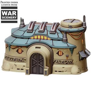 Puede incluir: Maqueta detallada de un edificio futurista con tejado verde azulado, paredes color beige y entrada redondeada. El edificio tiene múltiples niveles, torres cilíndricas y elementos decorativos. El texto "PRINTED UNDER LICENCE FROM WAR SCENERY" está impreso arriba a la izquierda.