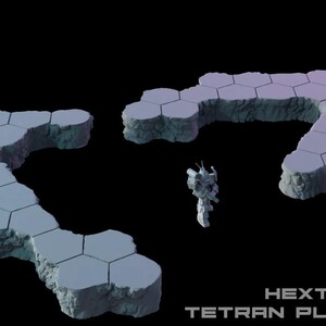 May include: A set of light blue hexagonal terrain tiles with rocky, textured sides, arranged in two separate sections. A small, detailed robotic figure stands between the sections. The text HEXTECH TETRAN PLAINS VOL 1 appears in the bottom right corner.