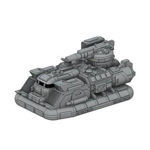 May include: A gray, futuristic-looking hovercraft with a large cannon and multiple compartments. The vehicle has a detailed design with various panels, vents, and a central turret. The hovercraft appears to be a model or a digital rendering.