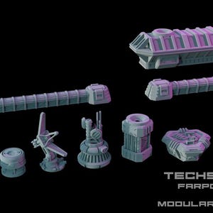 Könnte beinhalten: Eine Sammlung grauer modularer Aufsätze für eine Techscape 6mm Farpoint Colony. Das Bild zeigt einen kleinen, kreisförmigen Aufsatz mit fächerartigen Blättern, ideal für Miniatur-Wargaming oder Modellbau. Der Text "TECHSCAPE 6MM FARPOINT COLONY - MODULAR ATTACHMENTS" ist sichtbar.