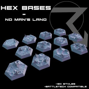 May include: Hexagonal bases with a textured surface, designed to resemble a desolate landscape. The bases are in various styles, with craters and rocky formations. Text on the image reads "HEX BASES - NO MAN'S LAND" and "-12X STYLES - BATTLETECH COMPATIBLE".