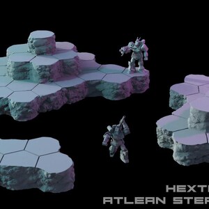 May include: A set of three light blue hexagonal terrain pieces with rocky, textured sides and flat tops, accompanied by two small robotic figures. The text HEXTECH ATLEAN STEPPES VOL 8 is printed in the bottom right corner of the image.