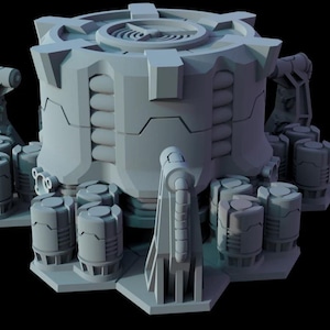 May include: A 3D model of a futuristic structure, featuring a central cylindrical core and surrounding cylindrical components. A robot figure is positioned nearby. The model is rendered in shades of grey against a black background. The design suggests a sci-fi theme.