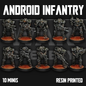 Può includere: Dieci miniature di fanteria androide stampate in resina disposte su due file. Ogni figura presenta una finitura metallica scura, tratti del volto scheletrici e occhi arancioni luminosi. Impugnano fucili futuristici e poggiano su basi rotonde.