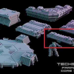 Könnte beinhalten: Eine Sammlung hellblauer 3D-gedruckter Strukturen, darunter modulare Gebäude und Plattformen, die für ein Science-Fiction- oder futuristisches Setting entworfen wurden. Das Bild zeigt verschiedene Formen und Größen, mit dem Text "TECHSCAPE 6MM FARPOINT COLONY CORE STRUCTURES" unten.