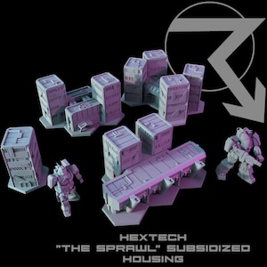 May include: A collection of futuristic miniature buildings and robot figures in shades of gray and purple. The buildings have a geometric design, and the robots are armed. The text "HEXTECH 'THE SPRAWL' SUBSIDIZED HOUSING" is at the bottom.