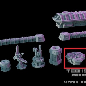 Könnte beinhalten: Eine Sammlung grauer, modularer Miniatur-Geländestücke im 6mm-Maßstab für Tabletop-Spiele, darunter Wandsegmente, Türme und Kommunikationsanlagen. Der Text lautet TECHSCAPE 6MM FARPOINT COLONY MODULAR ATTACHMENTS.
