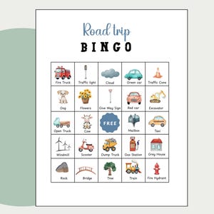 子どもと大人向けのロードトリップビンゴ、家族旅行ゲーム、ペイントバケーションビンゴカード、ドライブ中のアクティビティ、子ども用ドライブ用プリント