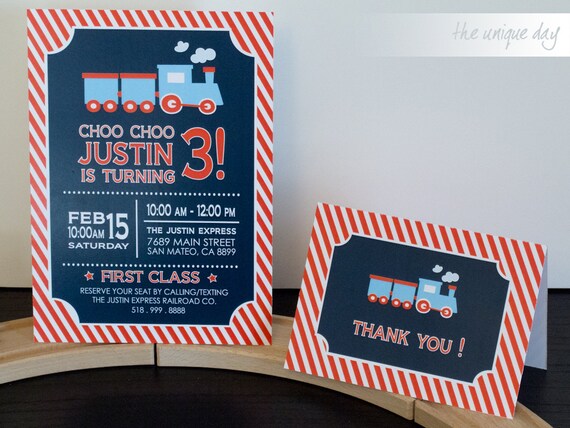 Train Invitation - RED - Printed - Printable - Train Birthday Party - Boy Birthday - First Birthday - Thank you card // TRA-01 Il_570xn