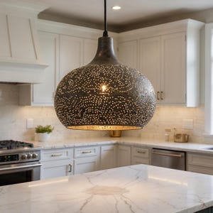 Handmade Black Brass Moroccan Pendant Light: Pierced Dome, Boho Lighting