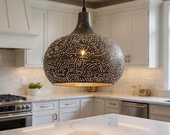 Handmade Black Brass Moroccan Pendant Light: Pierced Dome, Boho Lighting