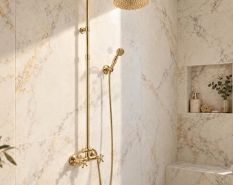 Brass Shower System, Rain Shower Head with Handheld Sprayer, Unlacquered Exposed Wall Mount Cross Handle Set