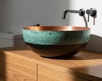 Hammered Copper Vessel Sink – Green Patina, Moroccan Bathroom Basin