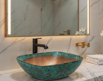 Handmade Green Patina Copper Vessel Sink – Moroccan Bathroom Basin, Rustic Farmhouse Vanity Bowl
