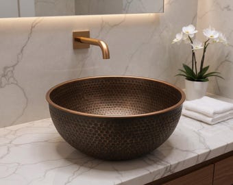 Handmade Copper Bathroom Sink – Hammered Round Vessel Basin, Antique Patina Finish, Moroccan Vanity Bowl