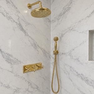Unlacquered Brass Shower System, Rain Head with Handheld Sprayer, Wall Mount Cross Handle Set