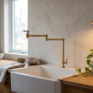 Peut inclure: Un robinet remplisseur de casseroles en laiton fixé au mur avec un bras articulé à double articulation et une poignée à levier, placé au-dessus d'un évier blanc de style ferme à tablier encastré dans un plan de travail en bois.
