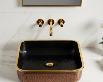 Rectangular Hammered Copper Sink with Black Interior – Handmade Brass Rim Vessel Basin, Modern Moroccan Bathroom Vanity Sink