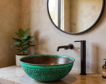 Handmade Hammered Copper Sink – Green Patina Moroccan Vessel Basin