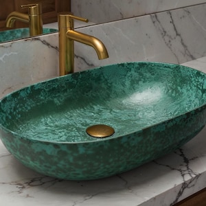 Handmade Copper Vessel Sink: Turquoise Patina, Rustic Farmhouse Bathroom