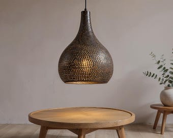 Handmade Black Brass Moroccan Pendant Light: Pierced Dome, Boho Lighting